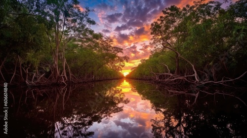 beautiful twilight sky in a mangrove forest generative ai © ThisDesign