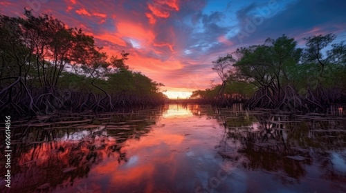 beautiful twilight sky in a mangrove forest generative ai © ThisDesign