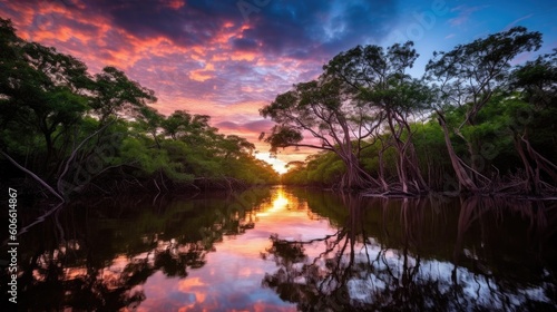 beautiful twilight sky in a mangrove forest generative ai