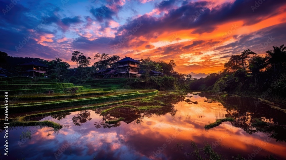 Obraz premium beautiful twilight sky in a terraced rice field generative ai