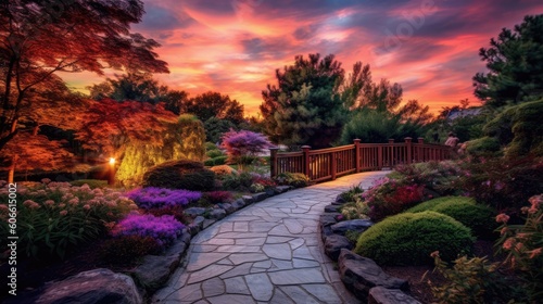 beautiful twilight sky in a serene garden generative ai