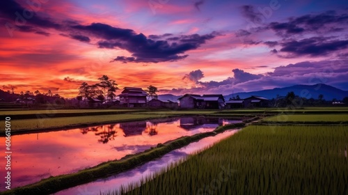 beautiful twilight sky in a terraced rice field generative ai