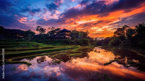 beautiful twilight sky in a terraced rice field generative ai © ThisDesign