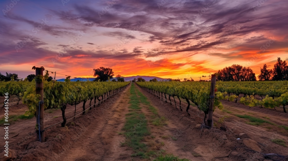 Naklejka premium beautiful twilight sky in a vineyard generative ai
