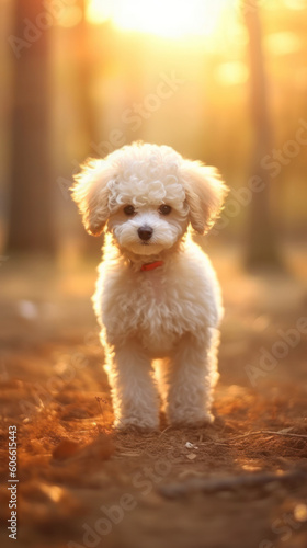 Poodle Puppy dog in a sunny spring meadow