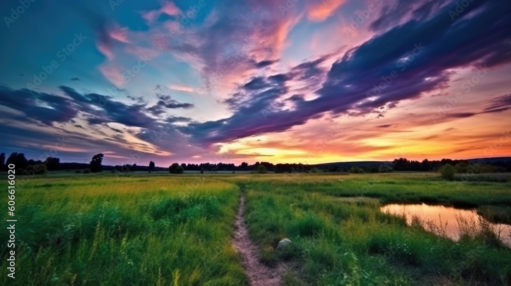 beautiful twilight sky over a grassy field generative ai