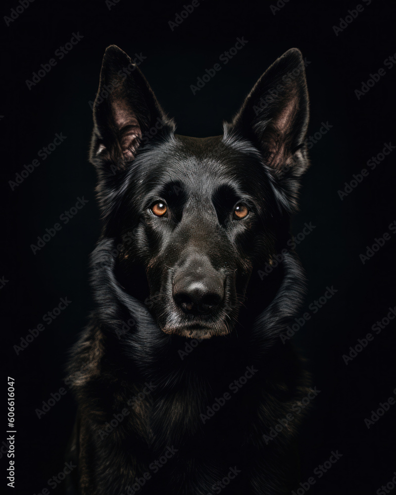 studio portrait of a German shephard looking forward against a light gray background