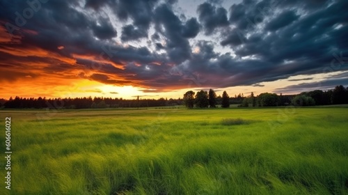 beautiful twilight sky over a grassy field generative ai