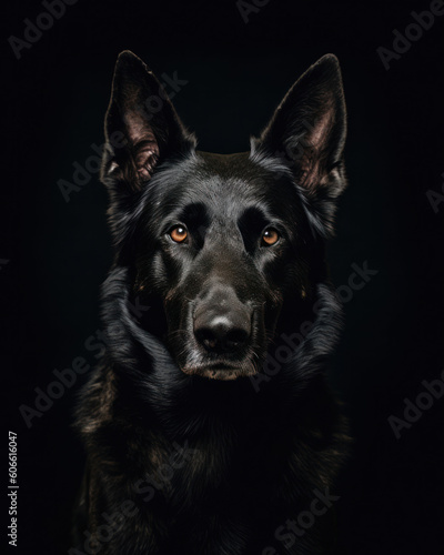 studio portrait of a German shephard looking forward against a light gray background