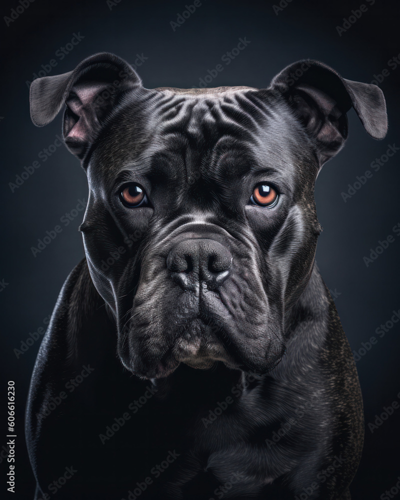 studio portrait of a smiling mixed breed brown and black rescue dog looking forward against a dark gray background