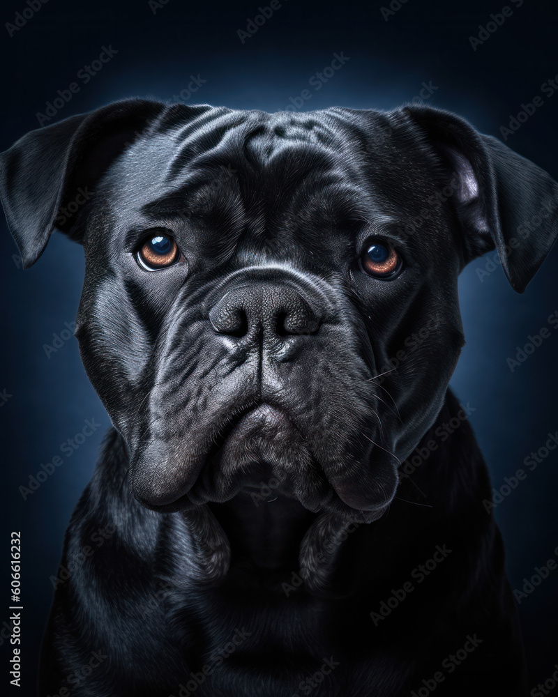 studio portrait of a smiling mixed breed brown and black rescue dog looking forward against a dark gray background