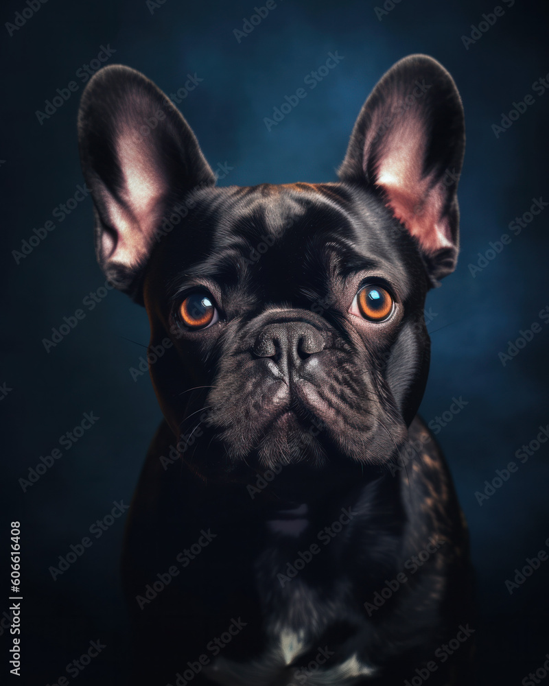 studio portrait of a french bulldog  looking forward against a light gray background