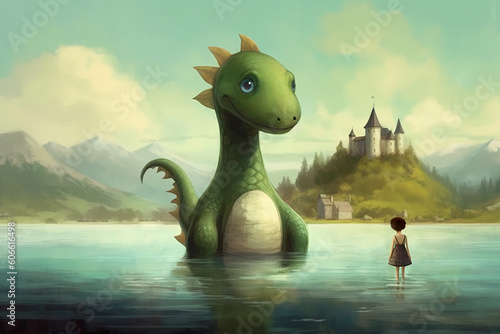Nessie, the monster of Loch Ness, is making friendship with a girl - Done with generative AI - enhanced by the artist photo