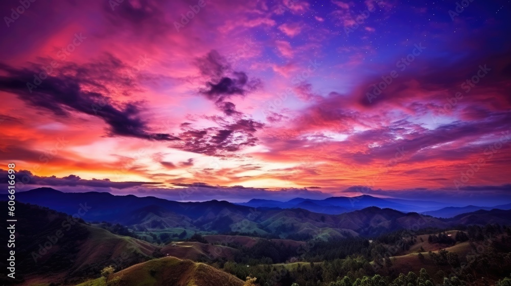 Obraz premium beautiful twilight sky surrounded by hills generative ai