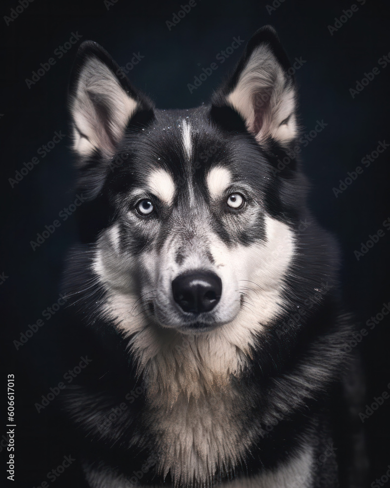 studio portrait of a Siberian husky dog looking forward against a dark gray background