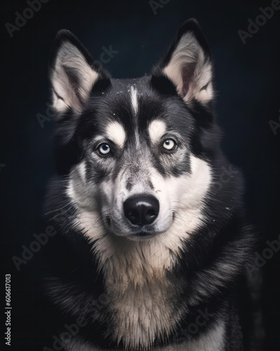 studio portrait of a Siberian husky dog looking forward against a dark gray background