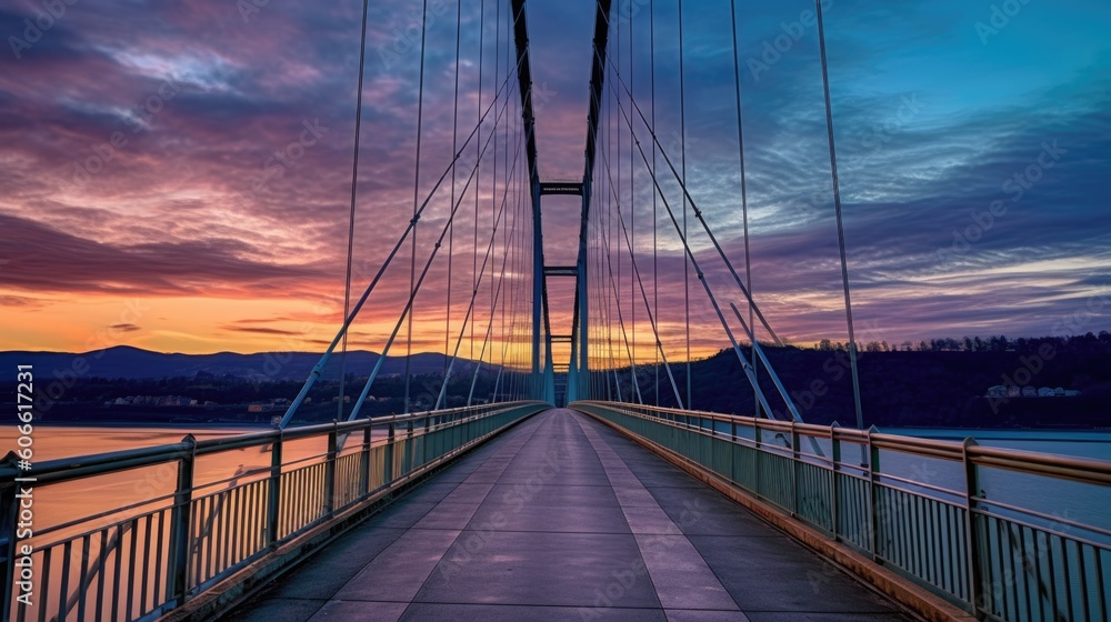Obraz premium beautiful twilight sky over a suspension bridge generative ai