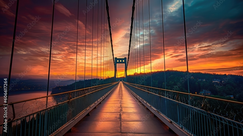 Obraz premium beautiful twilight sky over a suspension bridge generative ai