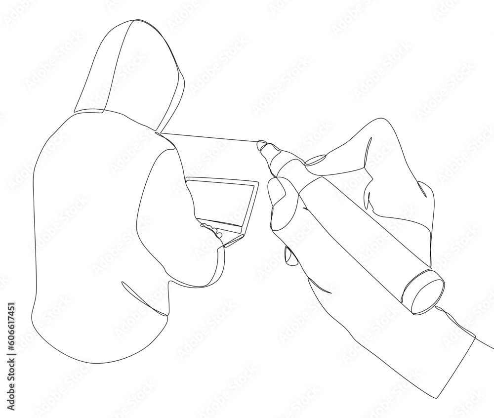 One continuous line of Computer Hacker drawn by with felt tip pen. Thin ...
