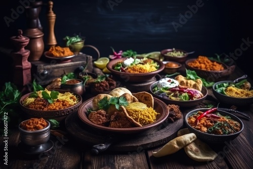 Assorted indian food set on wooden background. Dishes and appetisers of indeed cuisine  rice  lentils  Generated by AI