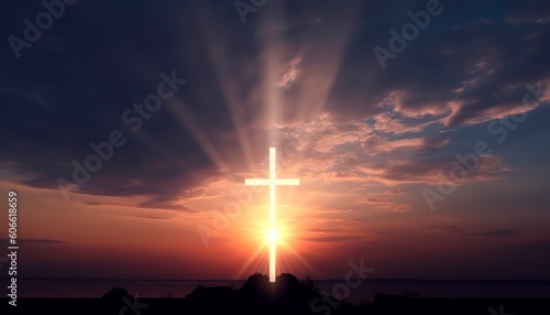 Concept of Jesus Christ: white cross on sunset sky background.