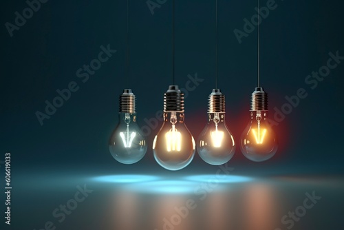 Light bulb idea. 3d render light bulb shines next to the extinguished ones. Leadership, inspiration, right decision and energy saving concept.