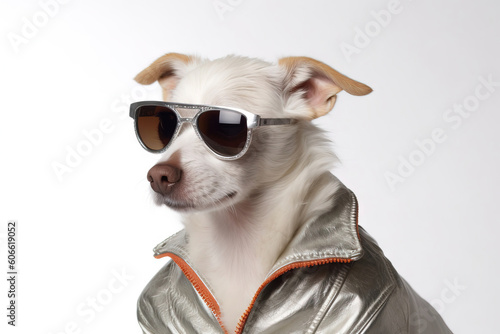 portrait of dog dressed in a silver leather jacket © QuantumVisions