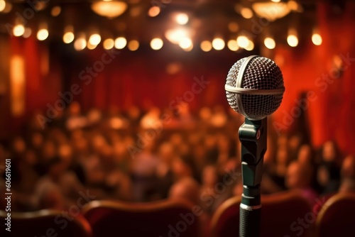 Microphone at public speaking with selective focus. AI generated, human enhanced