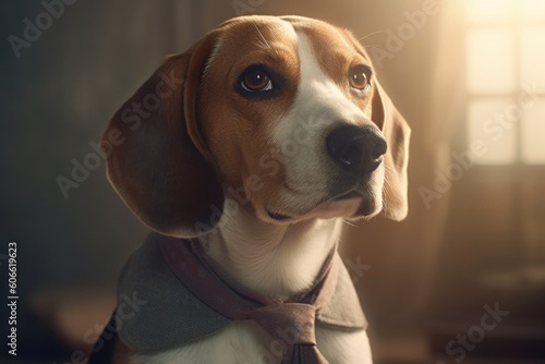 Anthropomorphic dog of the Beagle breed dressed in a suit like a businessman. Business Concept. AI generated