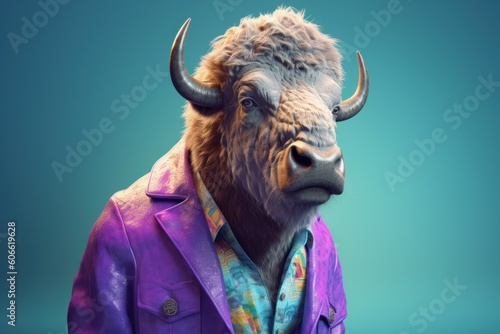 Anthropomorphic Bison dressed in human clothing. Humanized animal concept. AI generated, human enhanced © top images