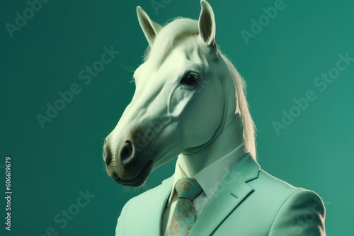 Anthropomorphic fairy horse dressed in a suit like a businessman. Business Concept. AI generated  human enhanced