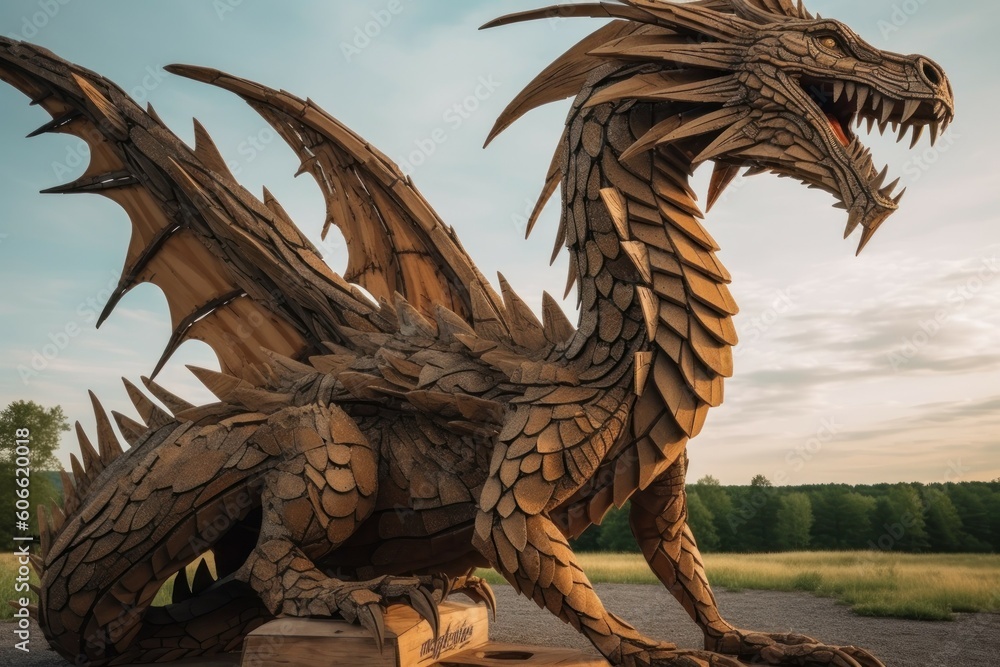 Giant green wooden dragon sculpture. AI generated, human enhanced. Giant green wooden dragon sculpture. AI generated, human enhanced.