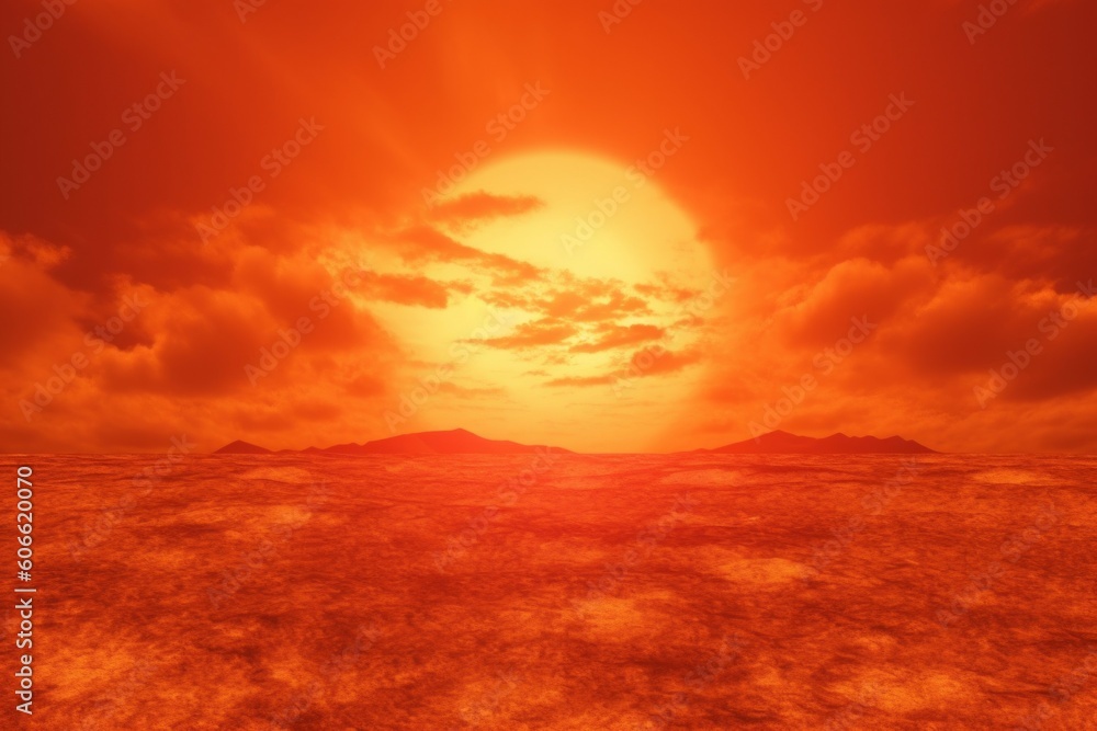 The sky is orange during a heat wave. The concept of climate change and drought. AI generated, human enhanced