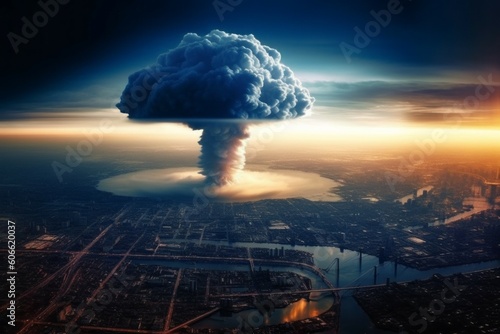 Nuclear explosion aerial view. The concept of thermonuclear war. AI generated, human enhanced