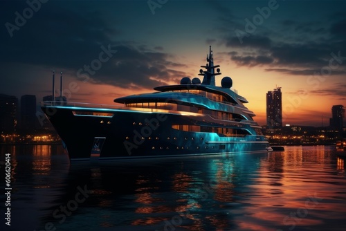 Luxury yacht at night in the bay off the coast. AI generated, human enhanced. © top images