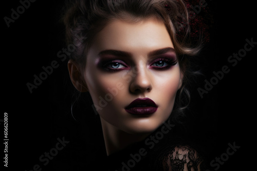 close-up portrait of a gorgeous woman with elderberry-colored lips and dramatic eye makeup, against a black background, generative ai