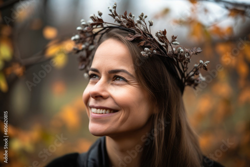 close-up portrait of a smiling woman with a crown of serviceberry branches on her head and a blurry garden background  generative ai