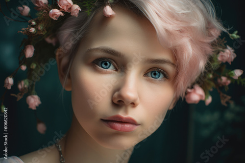 Close-up portrait of a graceful woman with a wreath of delicate pink rose hips adorning her hair, generative ai