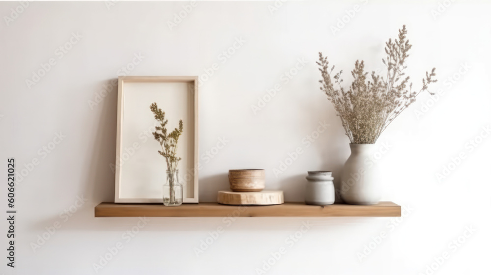 Design scandinavian interior of living room with wooden console, rings on the wall, mock up poster frame, flowers in vase and elegant personal accessories.