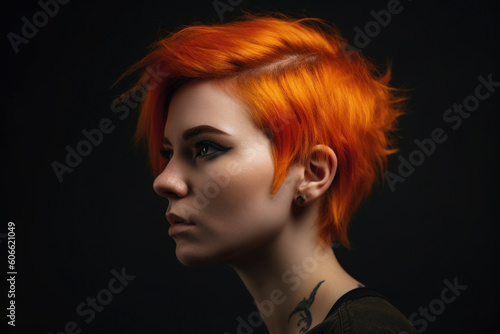 Close-up portrait of a woman with orange-colored hair and vibrant makeup, posing against a dark background, generative ai