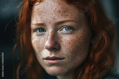 Close-Up Portrait of a Woman with Strawberry Blonde Hair and Freckles, generative ai
