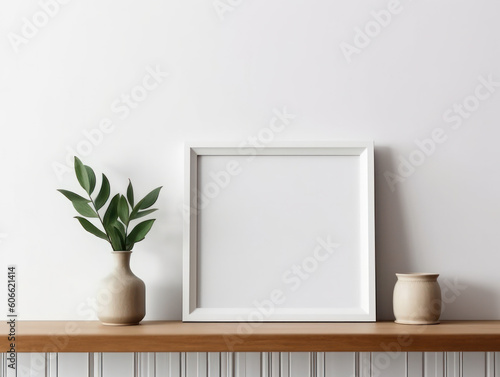 Design scandinavian interior of living room with wooden console  rings on the wall  mock up poster frame  flowers in vase and elegant personal accessories.