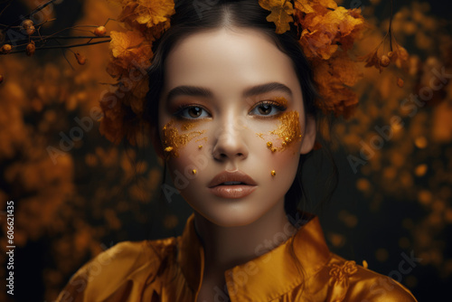Elegant portrait of a woman with a goldenberry-inspired makeup look and a subtle golden glow, generative ai