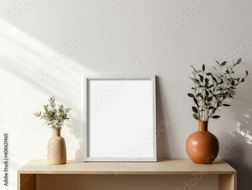 Design scandinavian interior of living room with wooden console  rings on the wall  mock up poster frame  flowers in vase and elegant personal accessories.