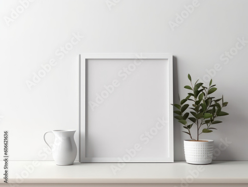 Design scandinavian interior of living room with wooden console, rings on the wall, mock up poster frame, flowers in vase and elegant personal accessories.