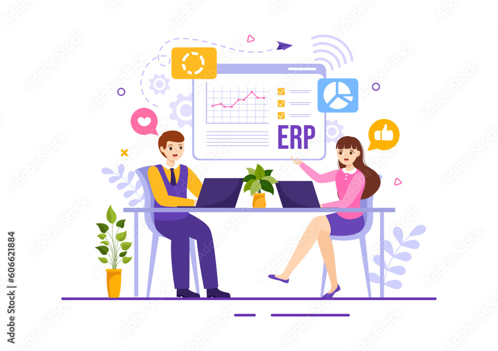 ERP Enterprise Resource Planning System Vector Illustration with Business Integration, Productivity and Company Enhancement in Hand Drawn Templates