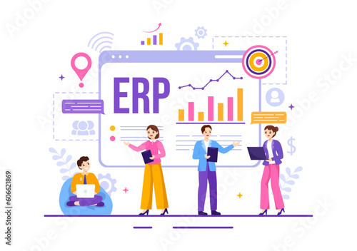 ERP Enterprise Resource Planning System Vector Illustration with Business Integration, Productivity and Company Enhancement in Hand Drawn Templates