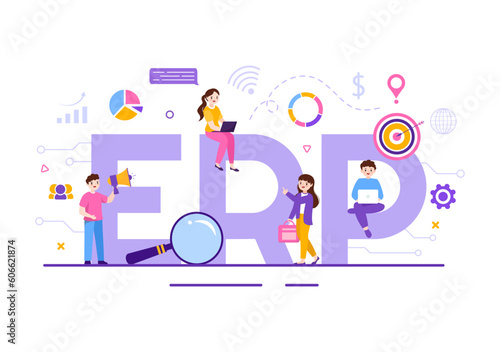 ERP Enterprise Resource Planning System Vector Illustration with Business Integration, Productivity and Company Enhancement in Hand Drawn Templates
