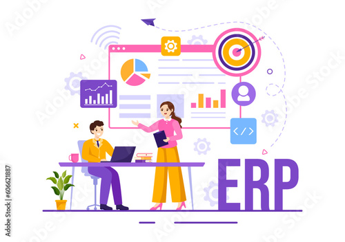 ERP Enterprise Resource Planning System Vector Illustration with Business Integration, Productivity and Company Enhancement in Hand Drawn Templates