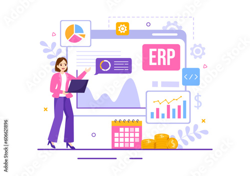 ERP Enterprise Resource Planning System Vector Illustration with Business Integration, Productivity and Company Enhancement in Hand Drawn Templates